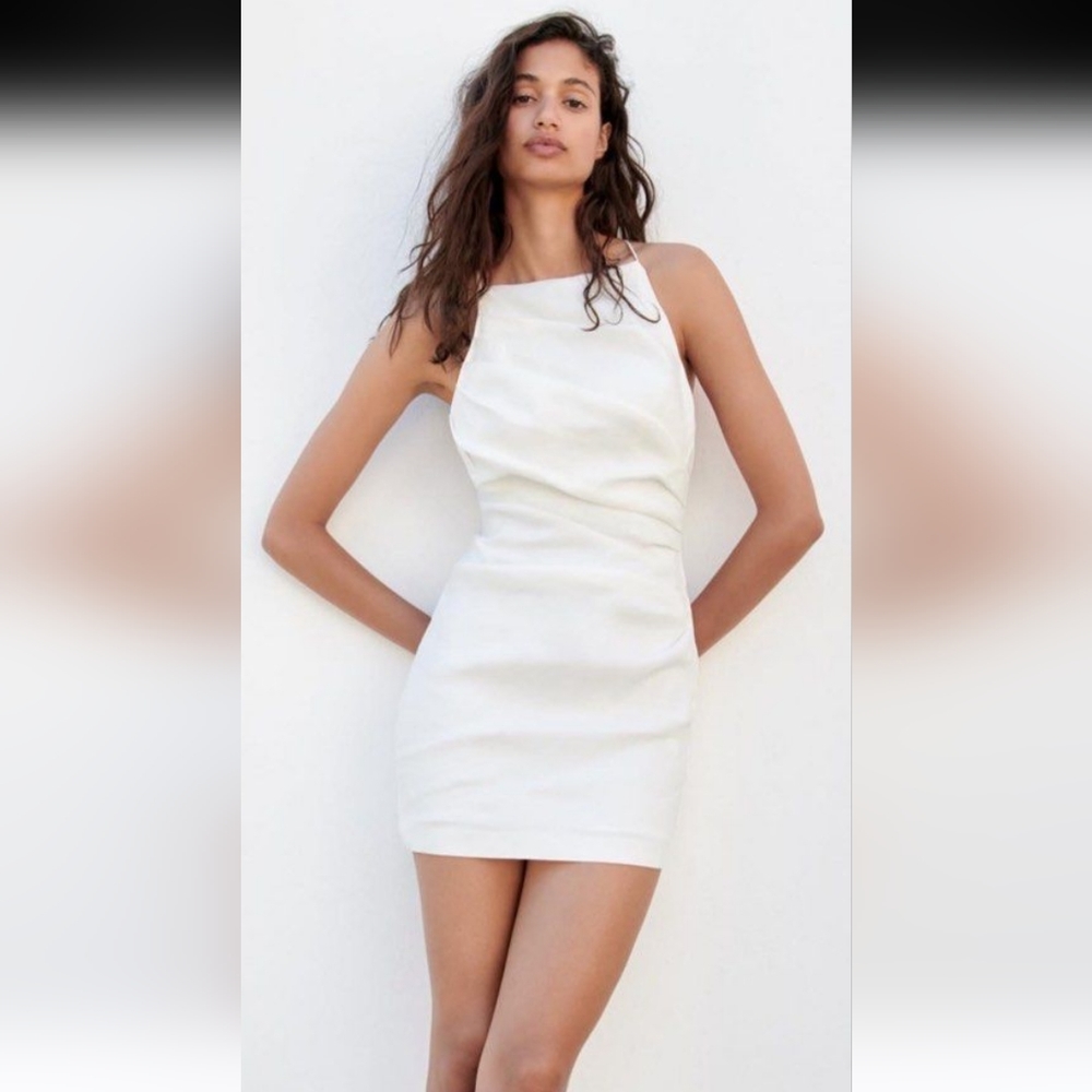 ZARA DRAPED LINEN DRESS WHITE